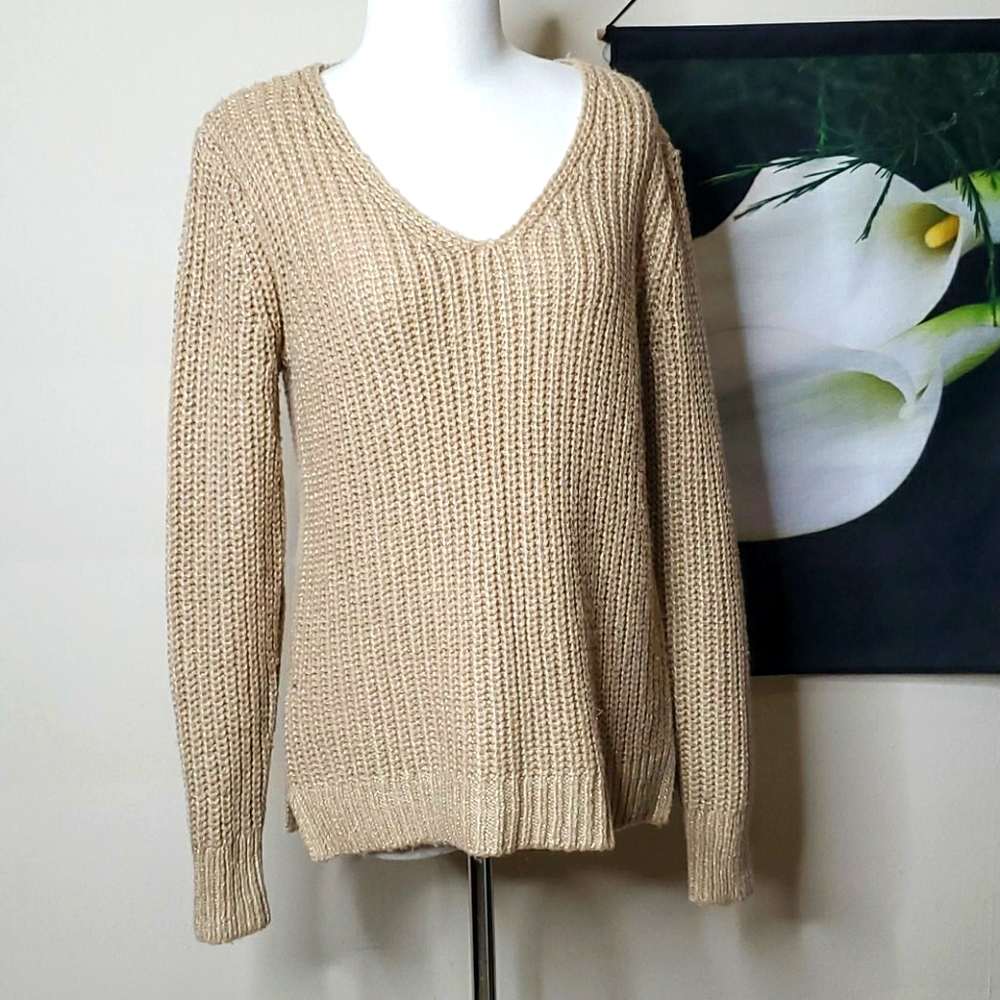 Loft V Neck Metallic Threaded Sweater